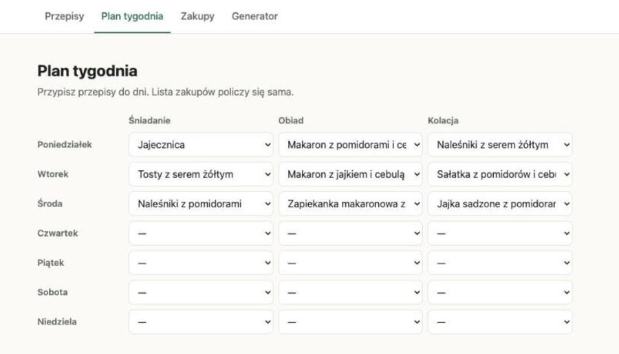 Plan tygodnia: siedem dni w wierszach, śniadanie, obiad i kolacja w kolumnach